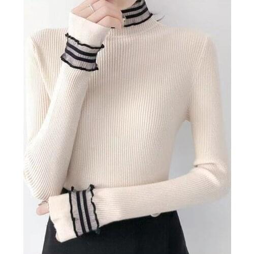 Lucyever Elegant Lace Women Sweater Fashion Autumn Pullover Long Sleeve Slim Girl Top Casual Korean Female Basic Knitted Jumper