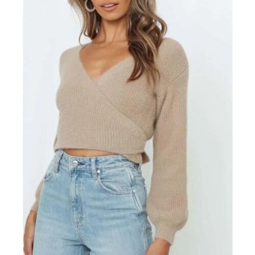 Foridol vintage lantern long sleeve mohair wrap sweater women v neck knitted autumn winter kahki fuzzy cropped tops 2020