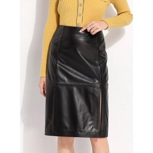 Genuine leather skirt women high waist Slim Split One-Step pencil skirt 2021 spring autumn new office ladies midi skirts