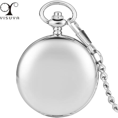 Mirror Smooth Silver Double Hunter Quartz Pocket Watch Classic Roman Numerals Display Round Dial Fob Chain Retro Pocket Clock