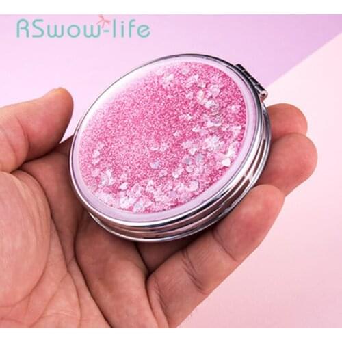 Portable Makeup Mirror Quicksand Dressing Mirror Cute Double-sided Folding Small Round Mirror Magnifying Mirror Vanity Mirror