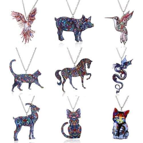 Cute Acrylic Animal Pattern Pendant Cat Dog Horse Necklace For Women Silver Color Chain Fashion Bird Moon Kids Jewelry Gifts