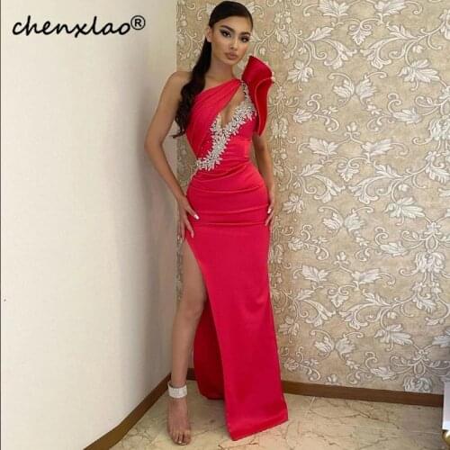 Chenxiao Saudi Arabia Evening Dresses Mermaid Sleeveless High Split One Shoulder Ruffles Crystal Pleat Vestido De Fiesta