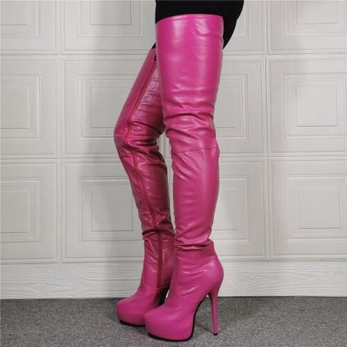 Winter Platform Pink Over the Knee Boots Women Natural Genuine Leather Thin High Heel Thigh High Boots Pleated Long Shoes Ladies