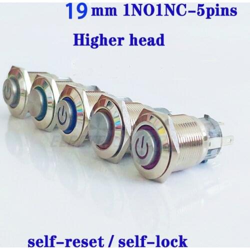 19mm Metal Button Switch Panel Hole Power Push Button momentary button flat Head 5pins LED light Self-Reset 1NO 1NC switch
