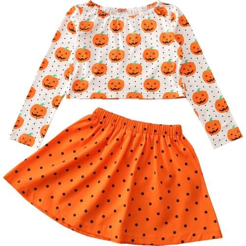 2021 0-4Y Halloween Toddler Girl Clothing Cartoon Pumpkin Dot Print Long Sleeve T-shirt+A-line Skirt Cute Outfits 2pcs