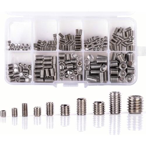 200Pcs/set Stainless Steel Screws Set Allen Head Socket Hex Set Grub Screw Assortment Flat Point Screws Headless