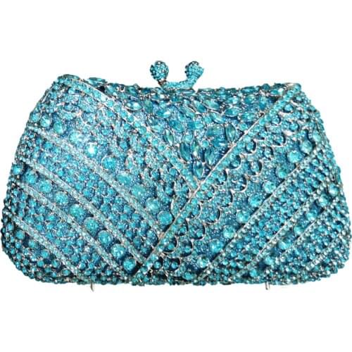 2020 New Arrival Silver Metal Crystal Clutch Sky Blue Color Diamond Rhinestone Evening Clutches Handbags Fashion Women Prom Bags
