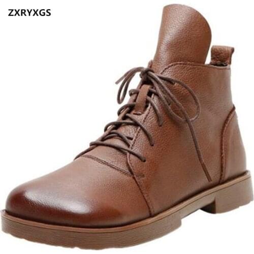 2020 Elegance Comfortable Autumn Boots Women Boots Top Soft Cowhide Handsome Ankle Boots Lace-Up Soft Sole Women Leather Boots
