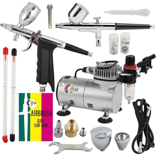 OPHIR 110V,220V 2 Double Action Airbrush & Compressor Kit Set Spray Gun Air Brush for Tattoo Nail Art Makeup Set_AC089+004+069