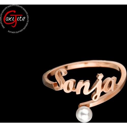Goxijite Personalized Pearl Name Ring For Lover Custom Initial Nameplate Adjustable Rings Stainless Steel Anniversary Gift