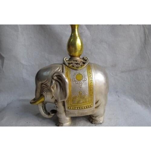 10 China White Copper Silver Gilt peace Auspicious bottle on Elephant God Statue