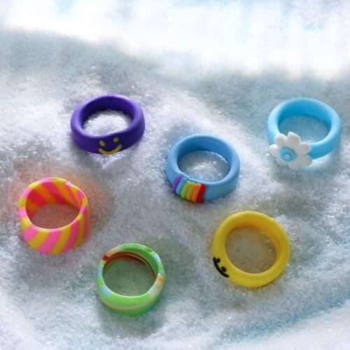 New Cute Candy Colorful Rainbow Flower Smiley Stripe Pattern Irregular Round Ceramic Clay Open Ring For Women Girl Jewelry Gifts