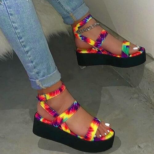 Summer Women Tie-dye Printed Open Toe Platform Flats With Buckle Ankle Straps Beach Party Shoes Roman Sandals Zapatos Mujer#g3