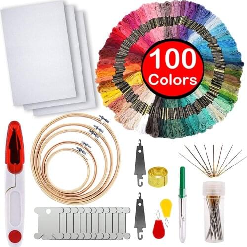 Full Range of Embroidery Starter Kit 5 Pieces Bamboo Embroidery Hoops 100 Color Embroidery Threads Cross Stitch Tool Kit