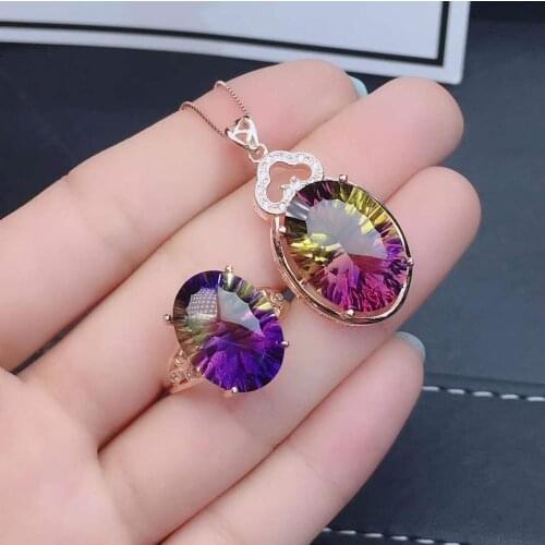 Real Natural Amethyst jewelry set Natural Real Amethyst 925 sterling silver 1pc pendant,1pc ring