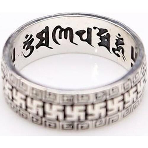 S925 Sterling Silver Jewelry Buddha Six Words Mantra Domineering Temperament Men Retro Cold Wind Open Adjustable Ring