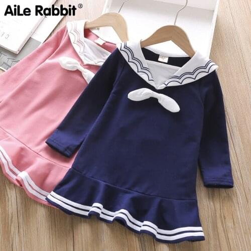 Autumn Long Sleeve College Wind Dress Girls Clothes Dress Pink Navy Blue Princess Long Sleeve Dress Style 2-7 Years For Girls