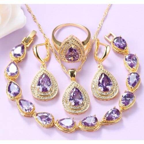 Romantic Wedding Jewelry Sets Purple Crystal Earrings And Necklace Bridal Costume Bracelet And Ring Women Sets