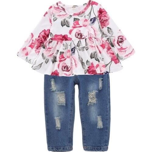 Print Floral Pink Girls Top + Jeans Toddler Girl Fall Clothes 2020 Clothes Set Baby Kids Tracksuit Children Girl Outfits 2 Piece