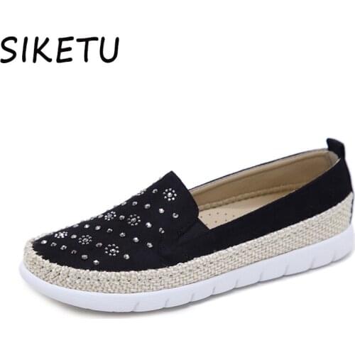SIKETU Autumen Women Flats Loafers Crystal Rhinestone Platform Shoes Sneaker Moccasins Straw Cane Hemp Fisherman Shoes Plus Size