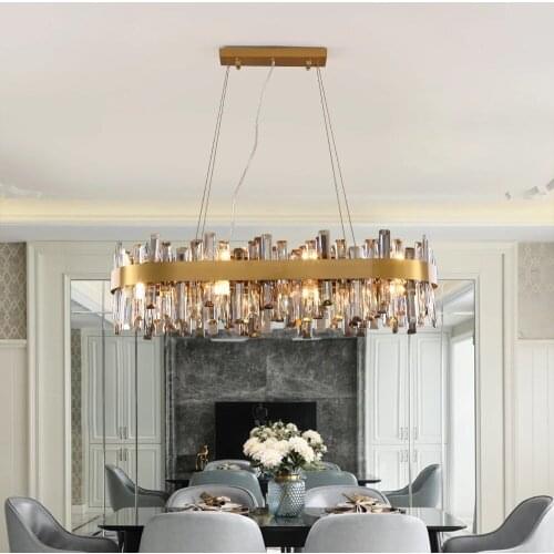 YOOGEE Modern Brushed Gold Chandelier Rectangle Dining Room Crystal Light Fixtures Kitchen Island LED Hanging Lamp Decoration