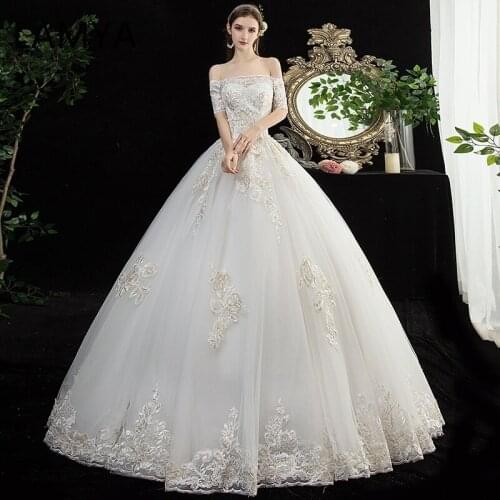 LAMYA Boat Neck Long Sleeve Wedding Dress Fashion Slim Lace Embroidery Lace Up Plus Size Custom Made Robe De Mariee Bride Dress