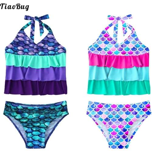 TiaoBug Summer 2Pcs Kids Girls Swimsuit Halter Neck Sleeveless Layered Ruffle Trim Tops And Briefs Set Beach Mermaid Swimwear