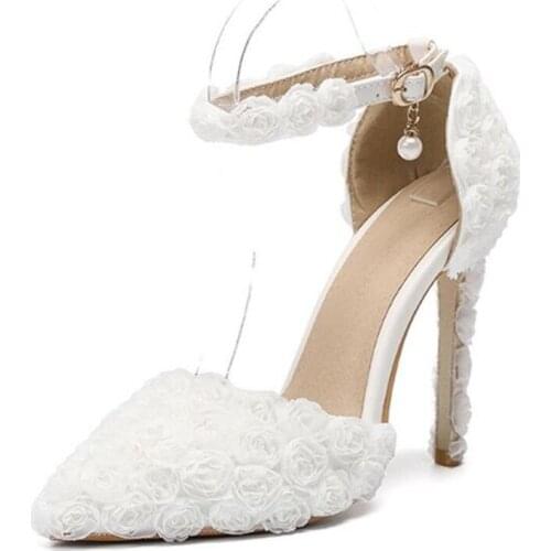 Women Pumps Thin High Heels Red Sexy Lace Buckle Strap 14CM Pointed Toe Dress Office & Career Party Wedding Shallow Women Shoes