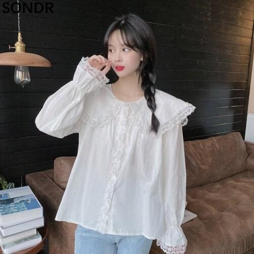 Women Autumn Lace Stitching Blouse Shirt Korean Style Doll Collar Long Sleeve Solid White Tops Sweet Girls Vintage Female Shirts