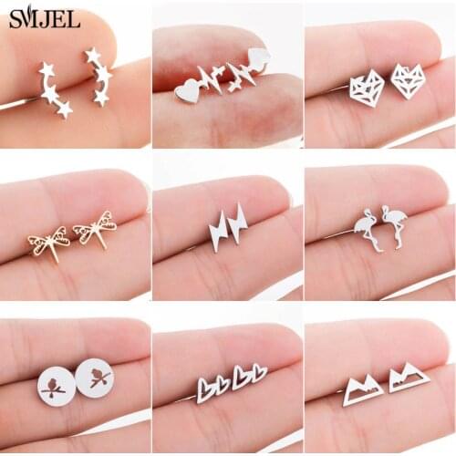 SMJEL Multiple 2021 Fashion Minimalist Gold Color Stainless Steel Bird Fox Cute Stud Earrings Snow Mountain Jewlery for Women
