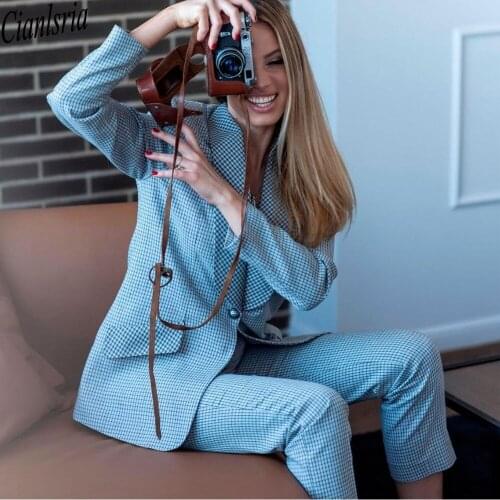 Blue Check Lady Blazer Suits Fashion Plaid Long Sleeve Women Outfits Leisure Evening Party Wedding Wear (Jacket+Pants)