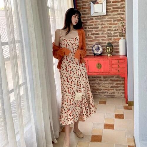 Women Fall Two Piece Set French Style Slim Body Fairy Floral Strap Dress + Orange Knitted Cardigan Jacket Female Fashion Suits