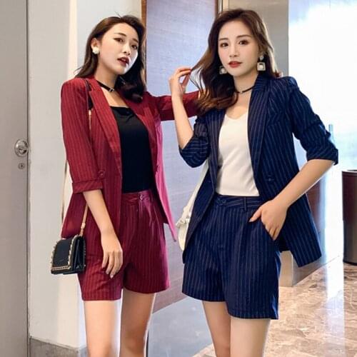 Wenfly Women Half SleeveThin Jacket Blazer High Waist Shorts Pants Elegant Office Female Striped Two Pieces Set Suits Business