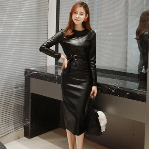2 Piece Black PU Sheath Dresses Autumn O Neck Long Sleeve Bodycon Dress Women Party Synthetic Leather Dress Plus Velvet Vestidos