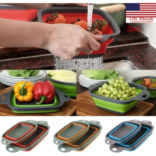 2pcs/set Foldable Silicone Colander Collapsible Washing Basket Draining Strainer Basket With Handle Kichen AccessoriesTools