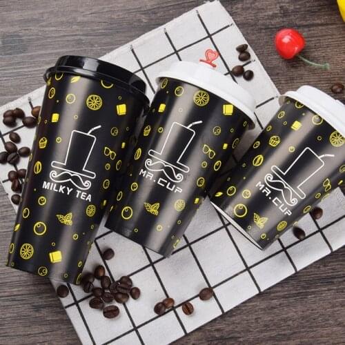 50pcs Thicken disposable milk tea coffee cup 12oz/16oz/22oz black creative birthday party hot drink paper cups with cover