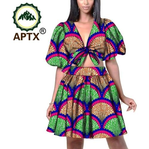 African Clothing For Women Ankara Style V Collar Short Skirt Female Suit 2 Pcs Sexy Outfit Loungewear Outfi Batik Pure Cotton