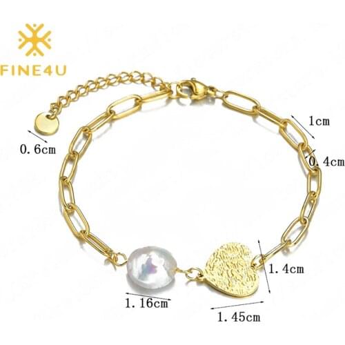 FINE4U B517 Gold Color Chain Bracelet Tiny Natural Freshwater Pearl and Heart Paper Clip Link Bracelet