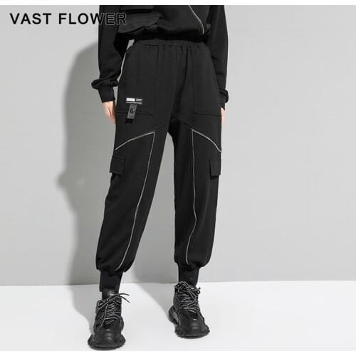 Black Zipper Harem Pants Women New High Elastic Waist Pocket Personality Loose Casual Women Trousers Fashion Spring Summer 2021
