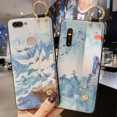 Chinese style Wrist Strap Phone Holder Case For iphone 11 Pro Max XR SE Xs max 7 8 6 plus Flower Soft TPU Silicone support Cover