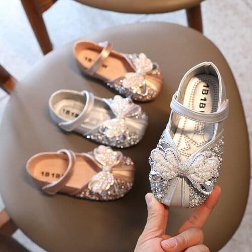 Children Leather Shoes Rhinestone Bow Princess Girls Party Dance Shoes Baby Student Flats Kids Performance Shoes Dress Shoes HK2