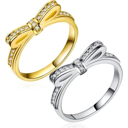 Huitan Lovely Bow Tie Ring with Tiny Cubic Zircon Pave Silver Plated Best Engagement Wedding Rings for Women Size 6 7 8 9 10