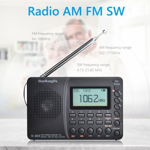 K603 FM/SW/AM Multi Band Digital Radio FM Bluetooth Stereo MP3 Player Speaker Portable LCD Display Pocket Recorder Radiogram