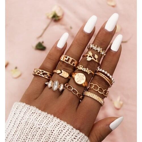 12 Pcs/Set Bohemian Vintage Water Drops Geometric Crystal Ring Set Charm Jewelry