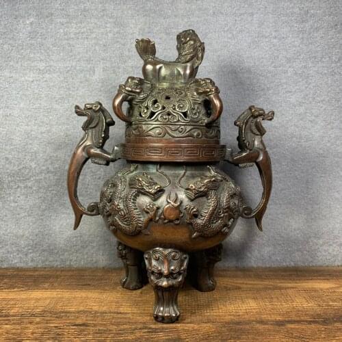 9"Chinese temple collection Old Bronze Cinnabar Lacquer Dragon statue Lion cover Three-legged incense burner Office Ornaments