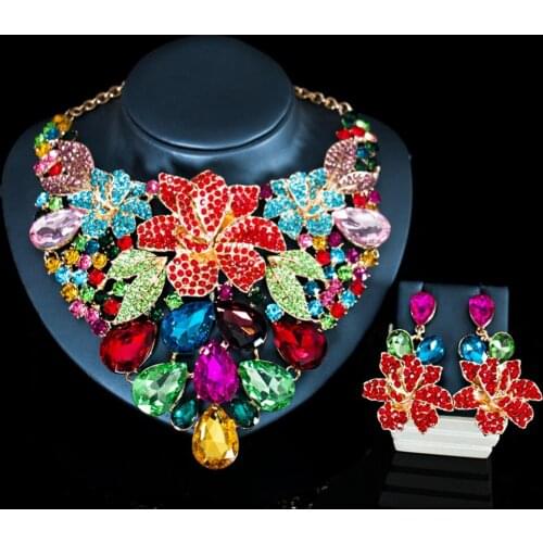 LAN PALACE fashion necklace set glass stone flower wedding for lover necklace and earrings for party six colors free shipping