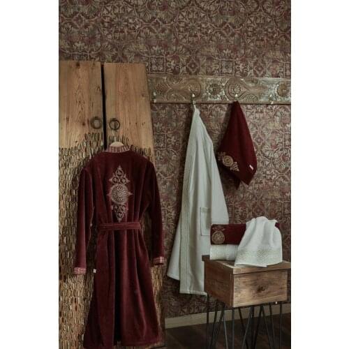 Ottoman Tuğra Hurrem Sultan Cream Burgundy Organic Cotton Family Robe Set 10 Piece