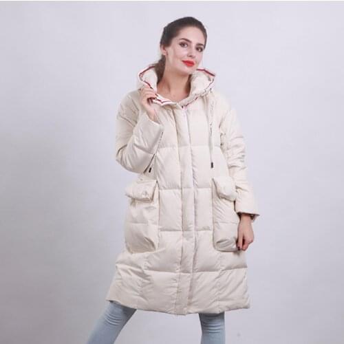 Women newest hooded long duck down jacket with female fashion warm coat casual loose popular winter white jackets for ladies