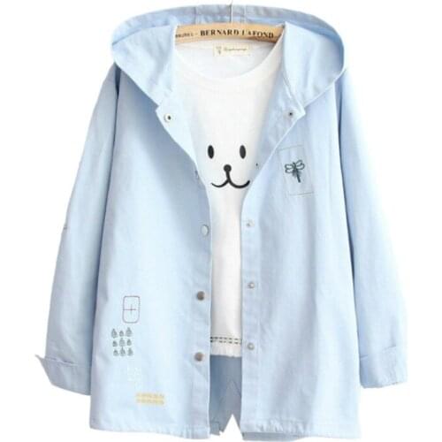 Merry Pretty Casual Spring Autumn Sweet Jacket Women Cartoon Embroidery Solid Outerwear Female Hooded Basic Thin Coat for Girls